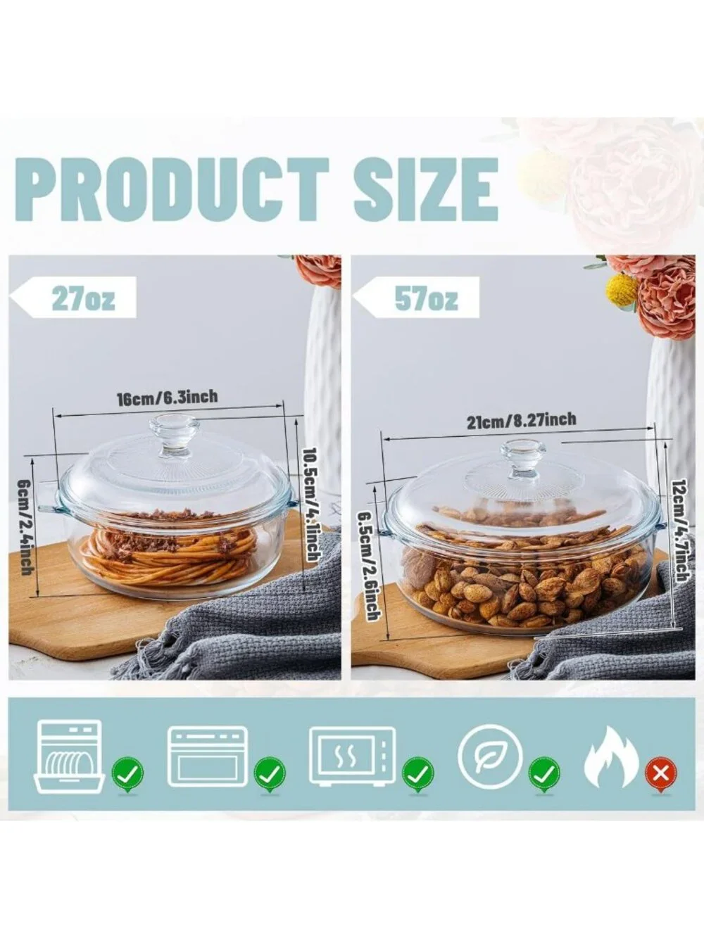 Set of 2 Round Glass Casserole Dishes with Lids - 0.8L & 1.7L Bakeware Set